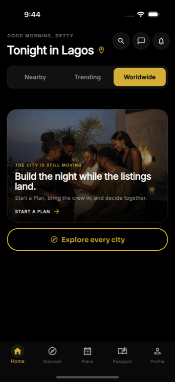 Detty home screen — Tonight in Lagos