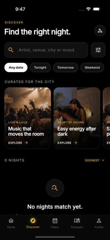 Detty Discover screen — Find the right night