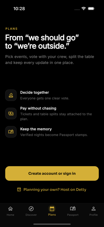 Detty Plans screen